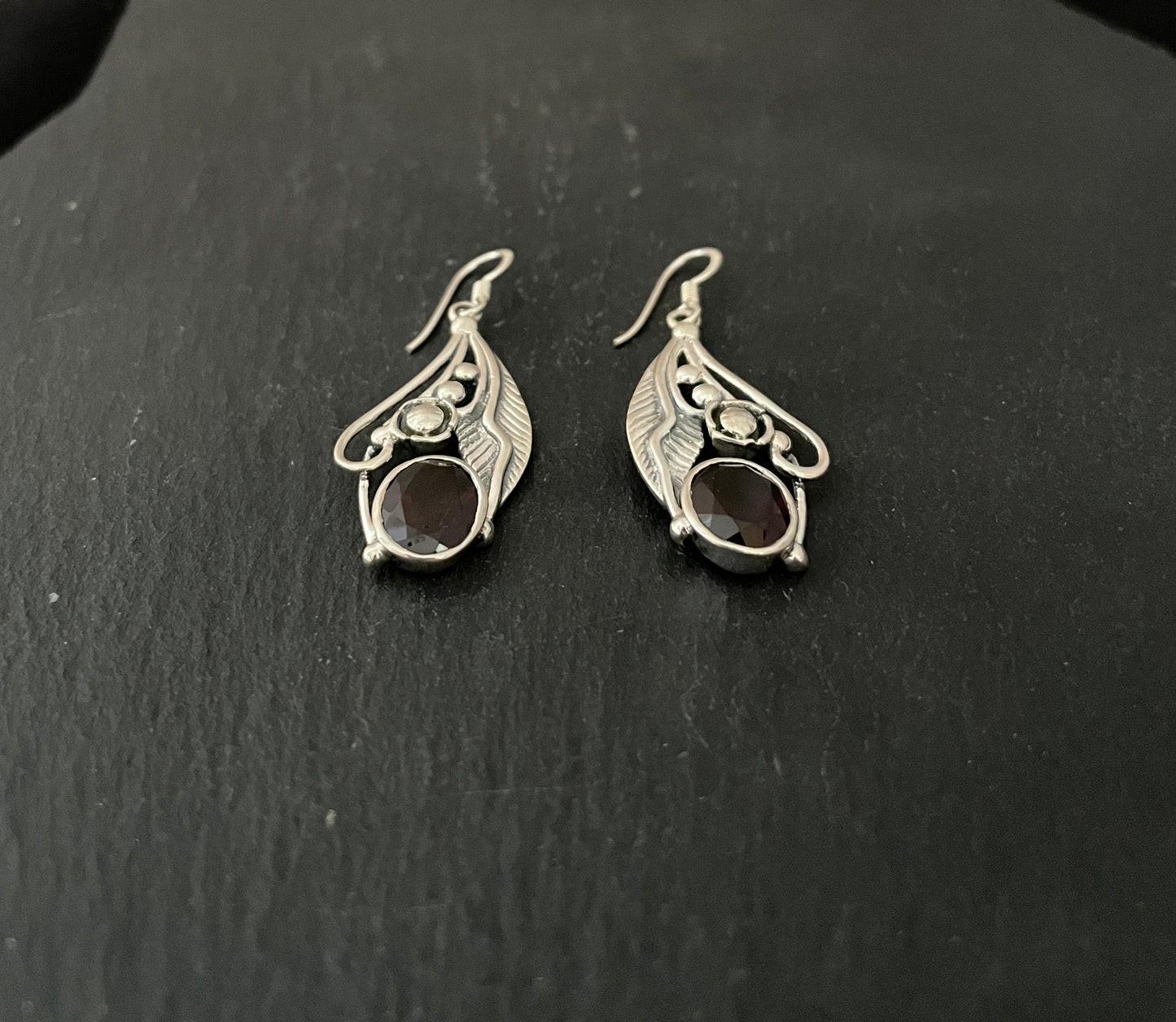 Oval Garnet and Silver Leaf Earrings image 1