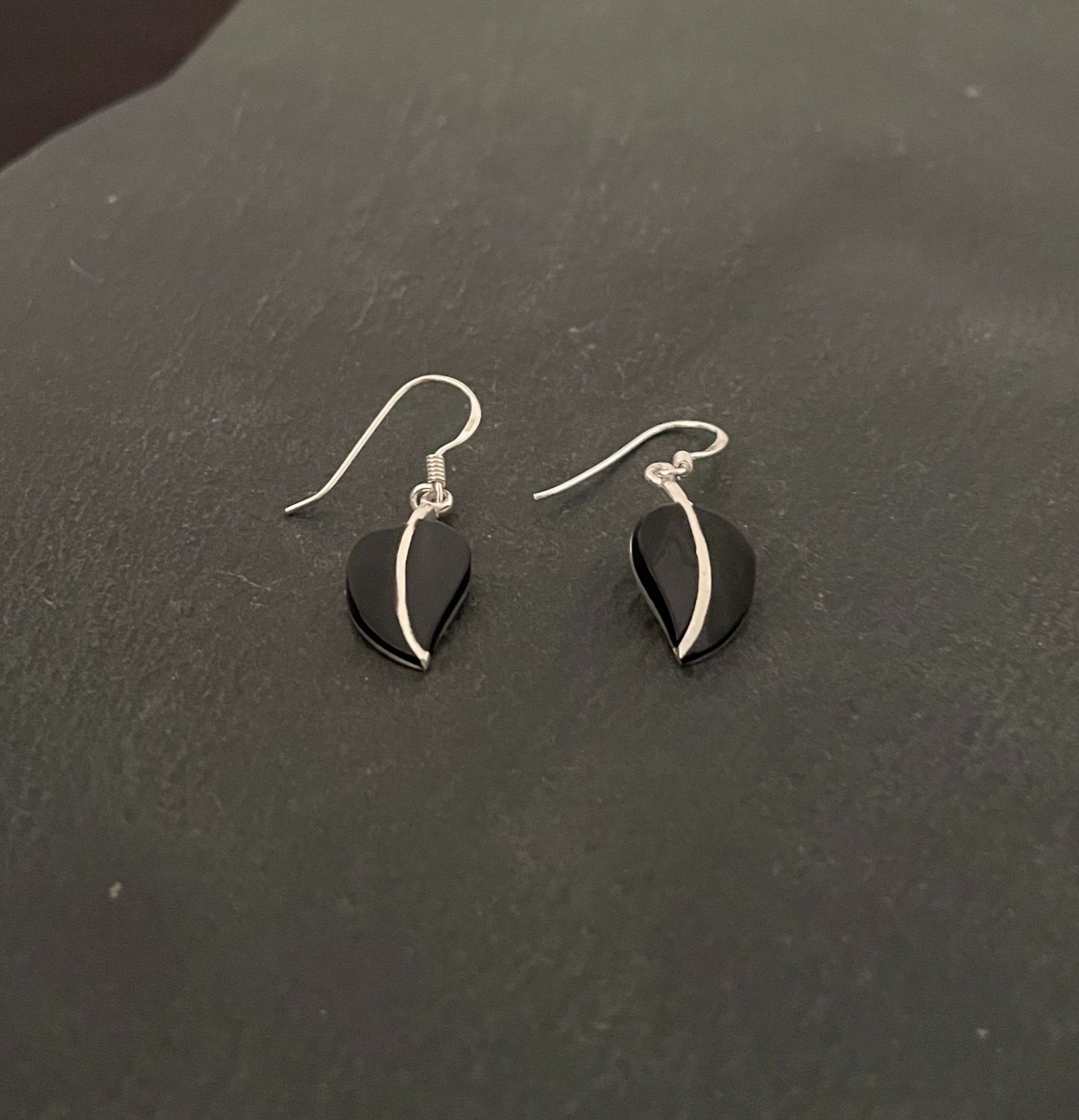 Black Onyx and Silver Leaf Earrings image 1