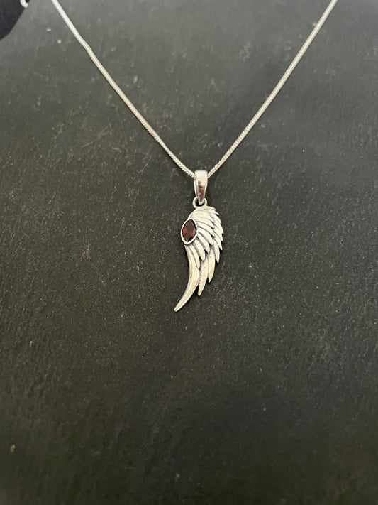 Garnet and Silver Angel Wing Pendant image 1