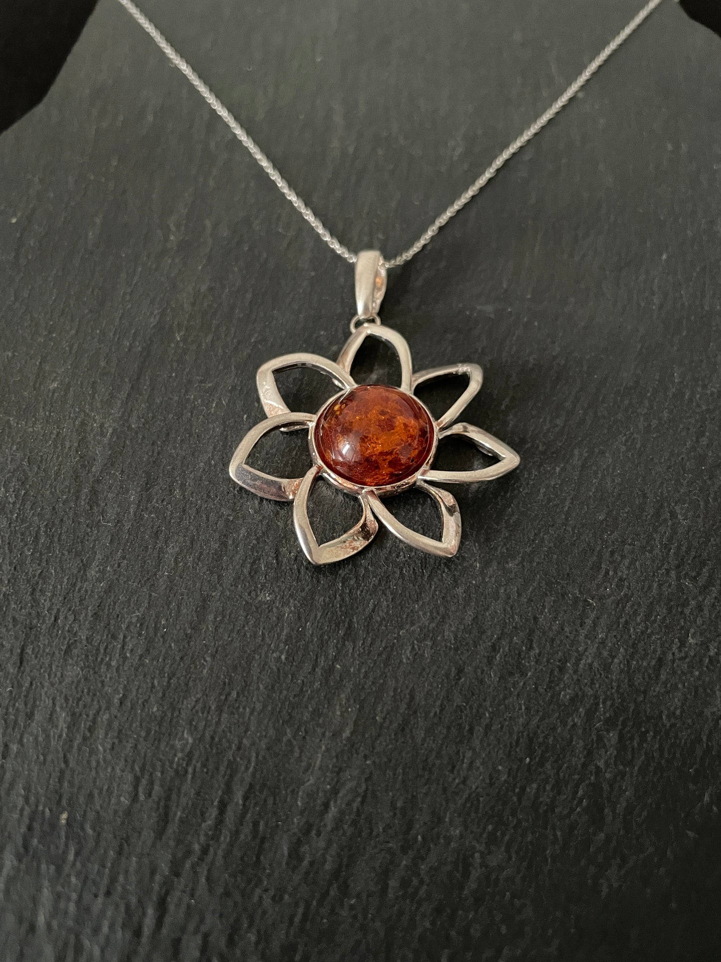 Amber and Silver Flower Pendant image 2