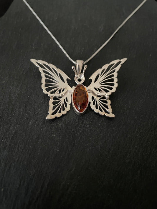 Large Amber and Silver Butterfly Pendant image 1
