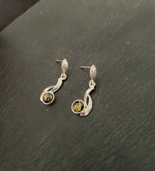Green Amber and Silver Earrings image 1