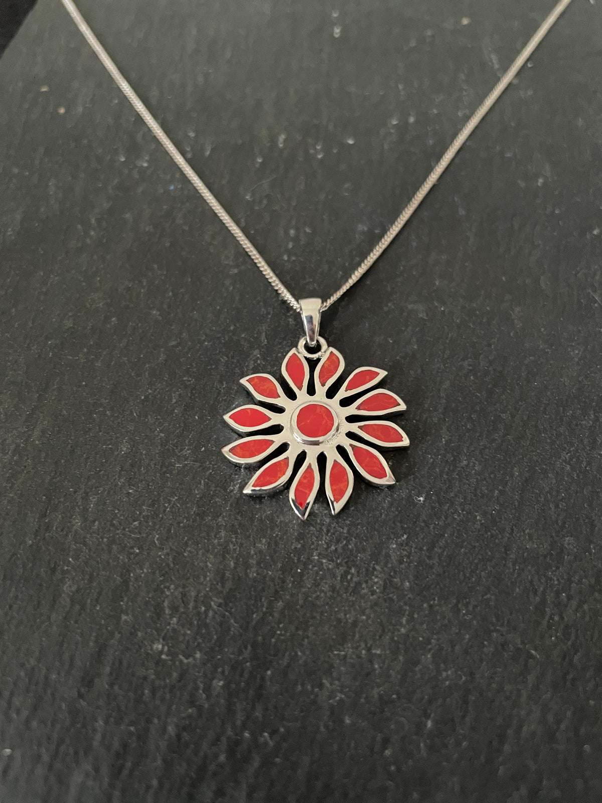 Coral and Silver Flower Pendant
