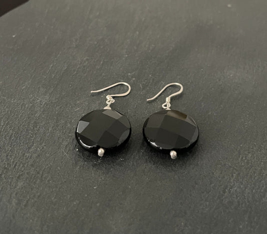 Round Black Onyx Drop Earrings image 1
