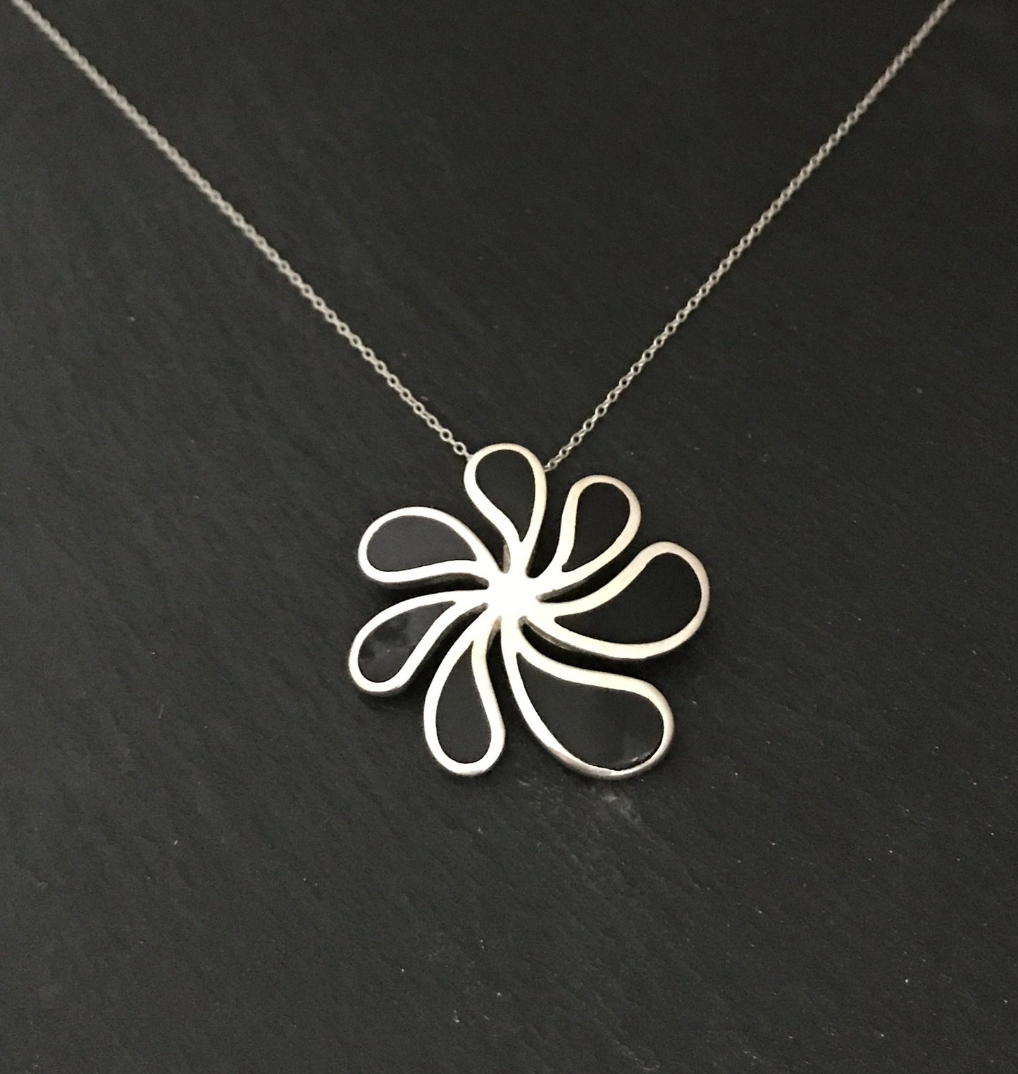 Black Onyx and Silver Flower Swirl Pendant image 0