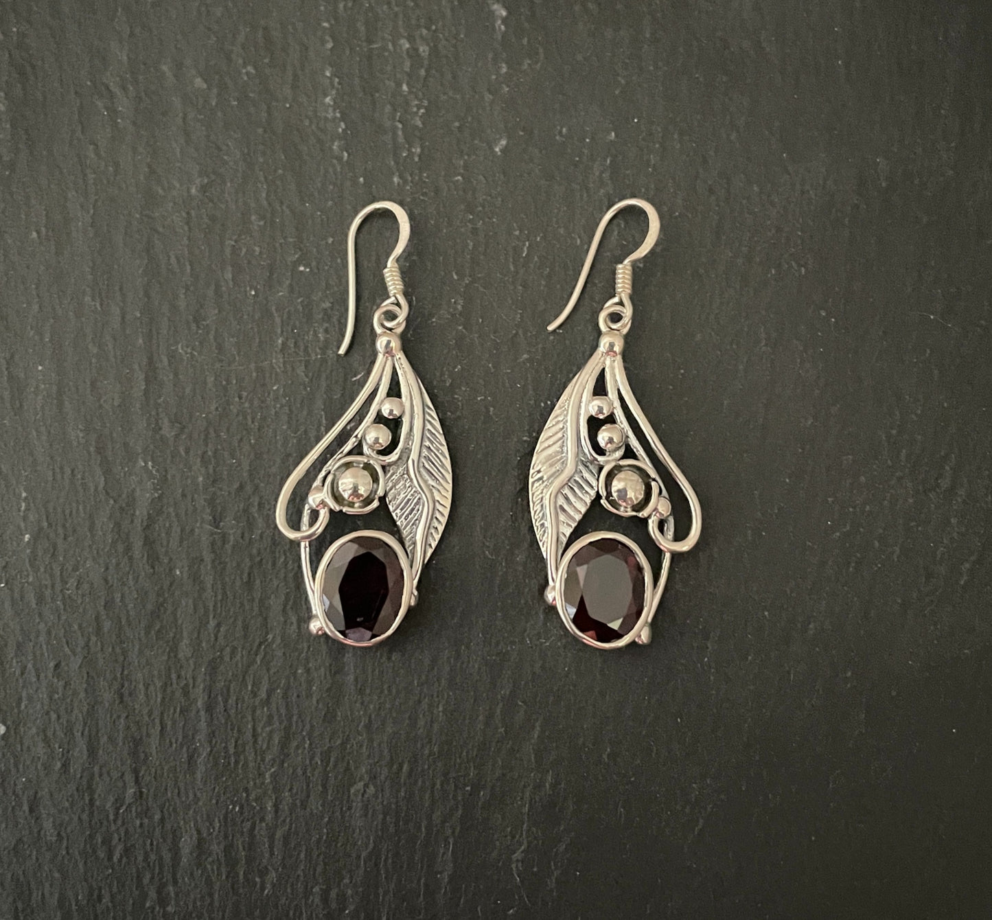 Oval Garnet and Silver Leaf Earrings image 0