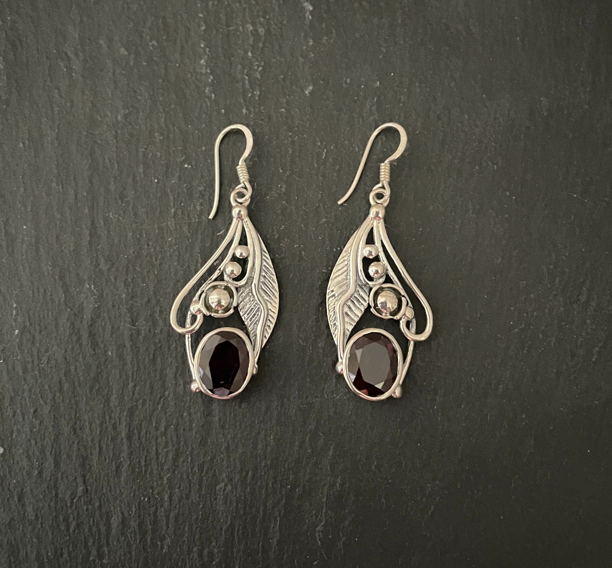 Oval Garnet and Silver Leaf Earrings image 0