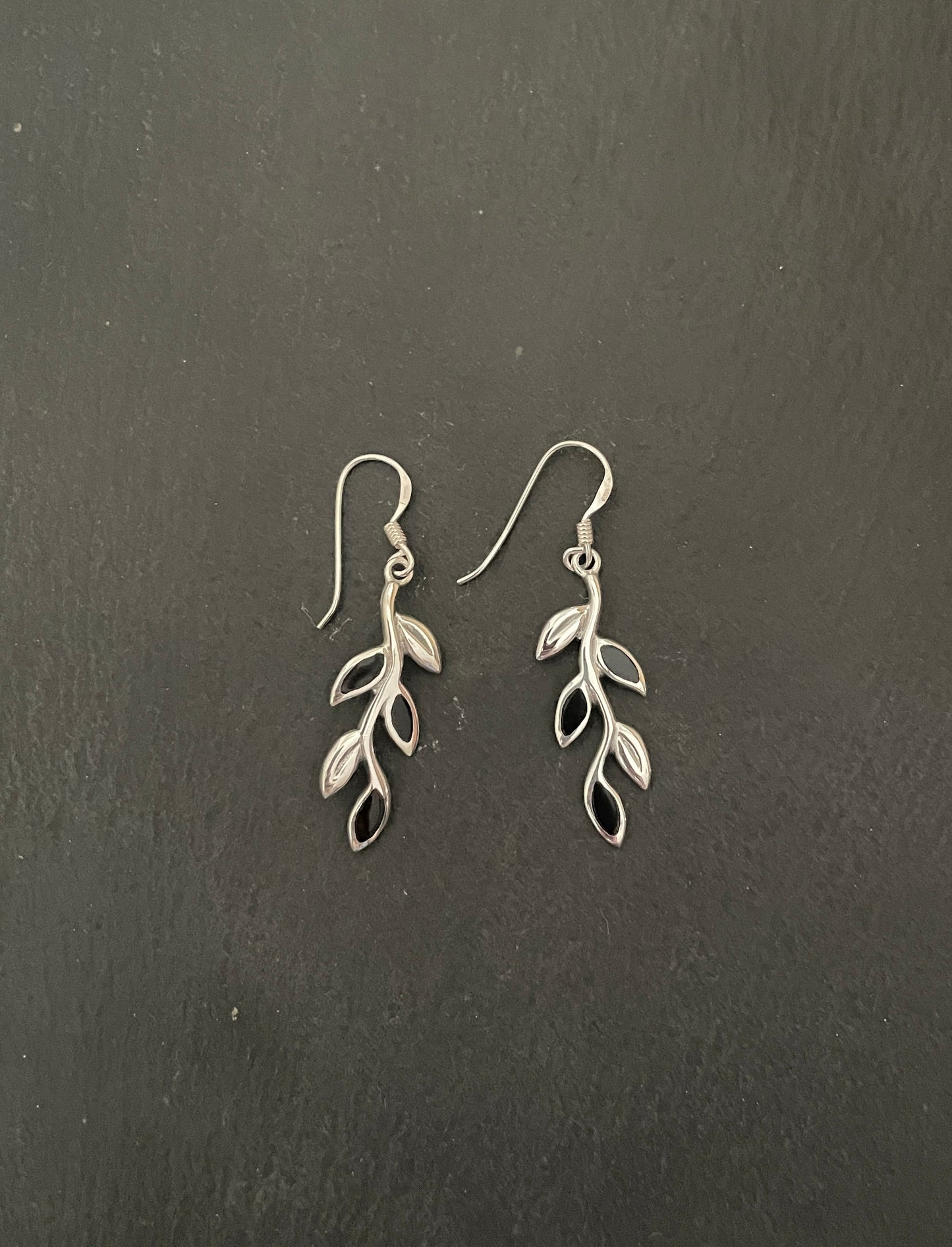Black Onyx and Silver Leaf Earrings image 0