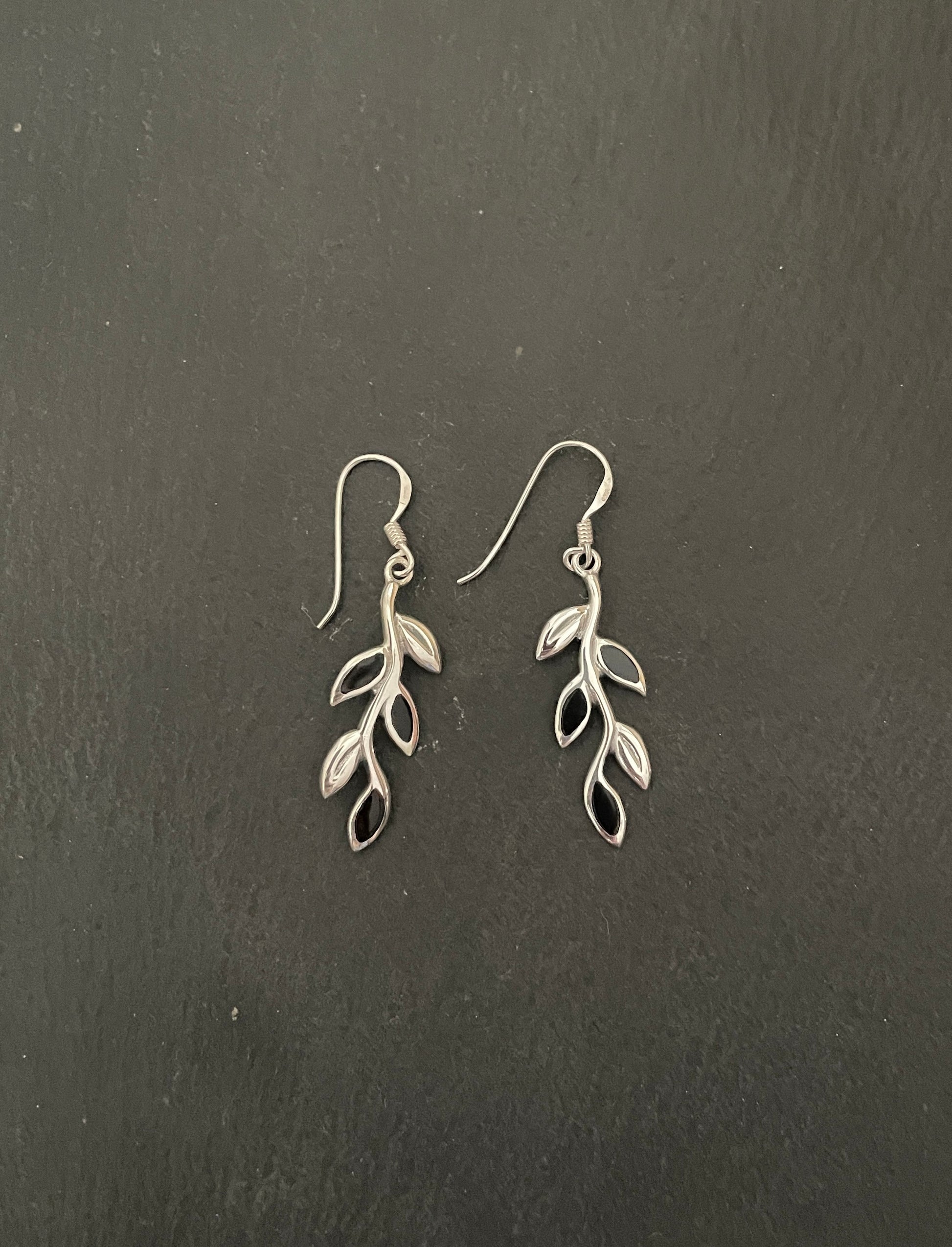 Black Onyx and Silver Leaf Earrings image 0