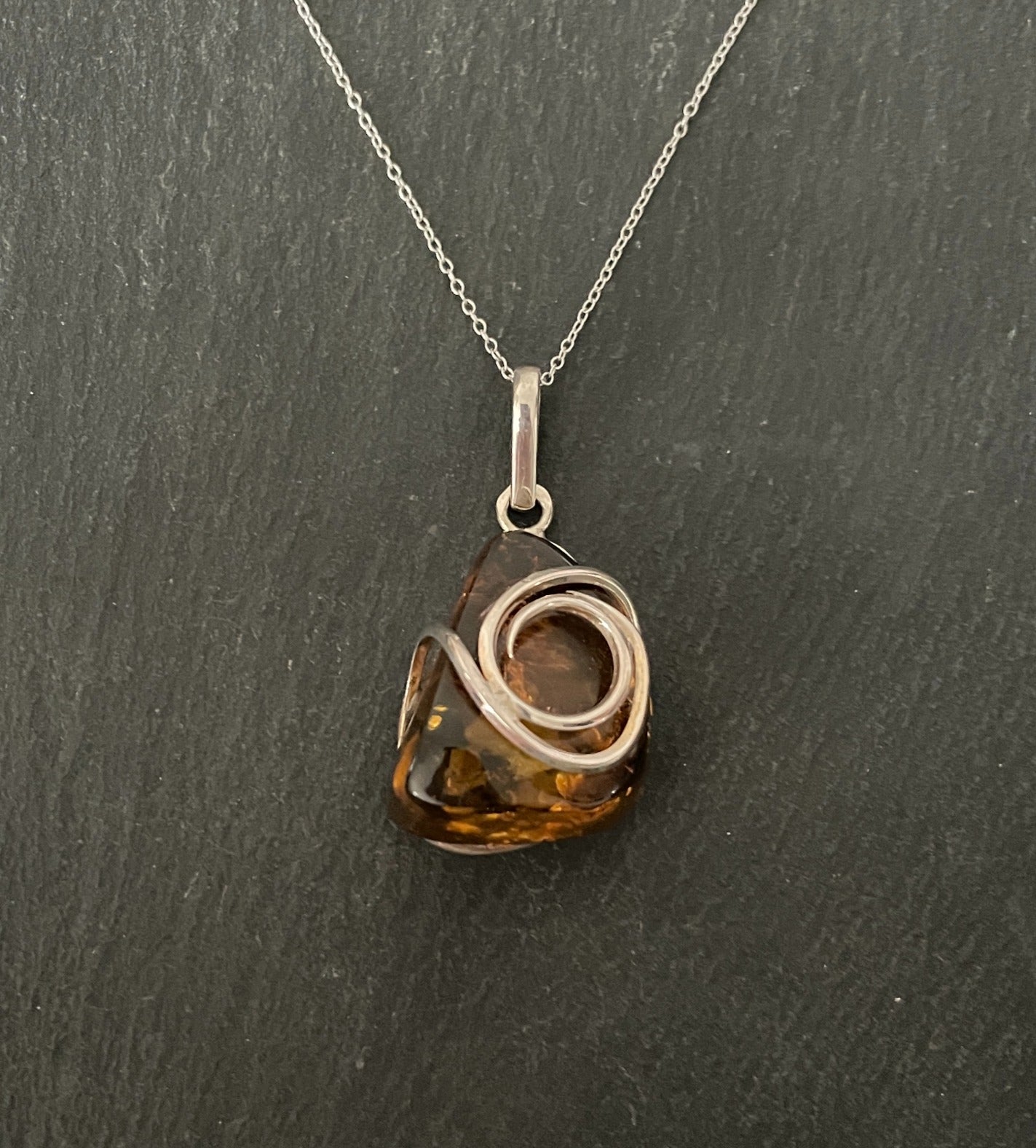 Amber and Handmade Silver Swirl Pendant image 0