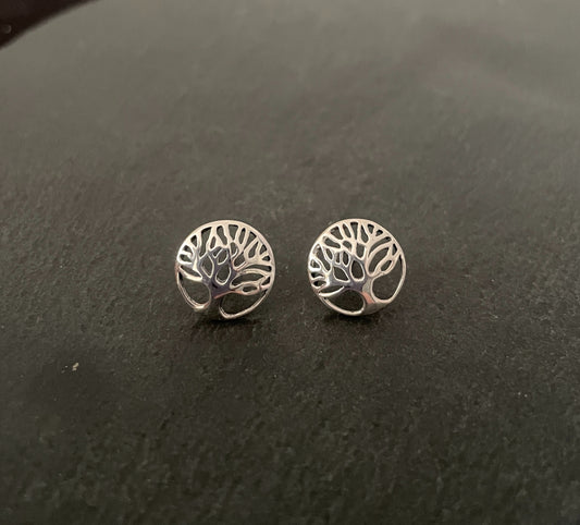 Round Silver Tree of Life Stud Earrings image 0