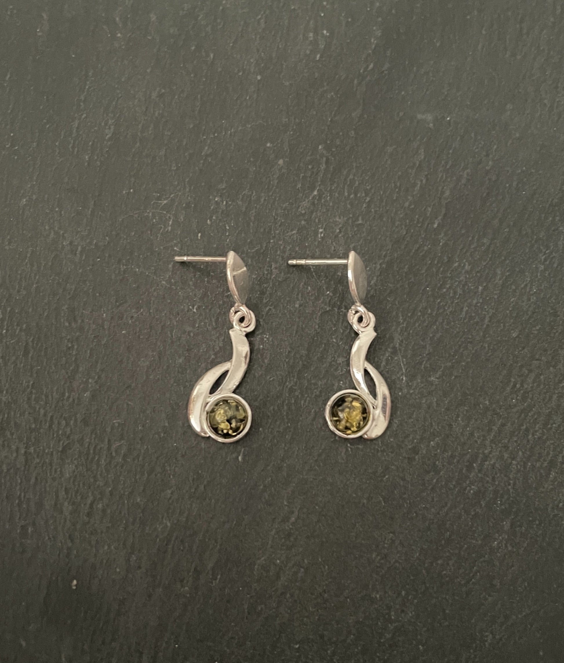Green Amber and Silver Earrings image 0
