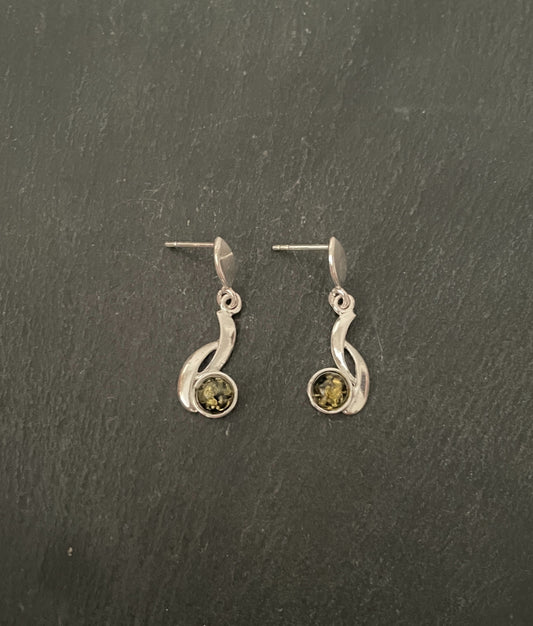 Green Amber and Silver Earrings image 0