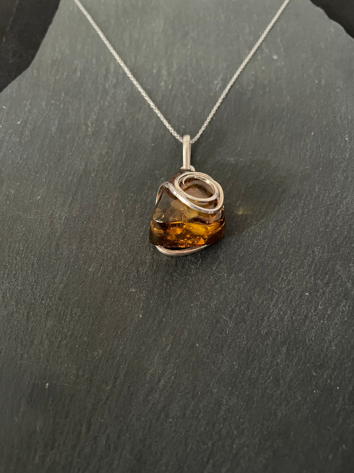 Amber and Handmade Silver Swirl Pendant image 1