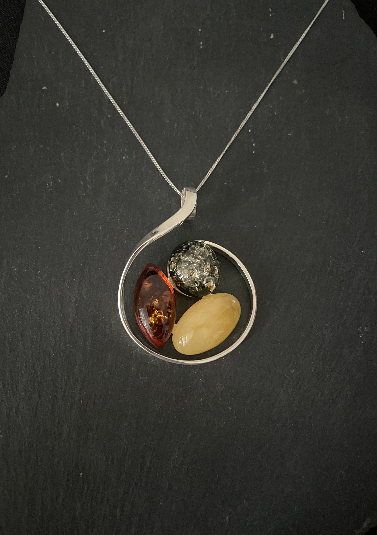 Tri Colour Amber and Handmade Silver Pendant image 0