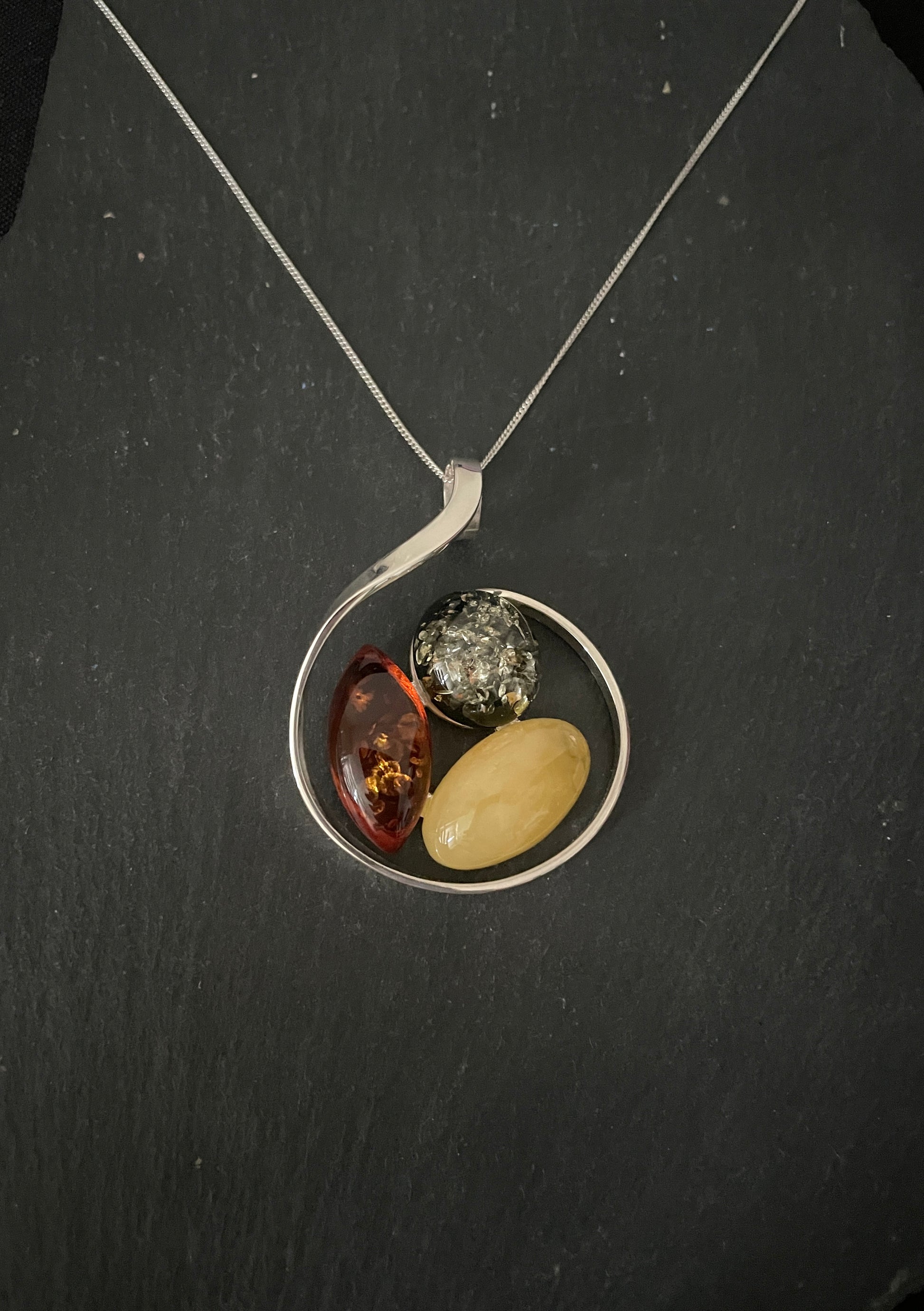 Tri Colour Amber and Handmade Silver Pendant image 0