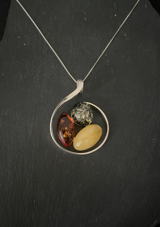 Tri Colour Amber and Handmade Silver Pendant image 0