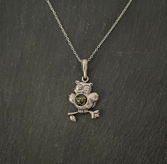 Green Amber Owl Pendant image 0