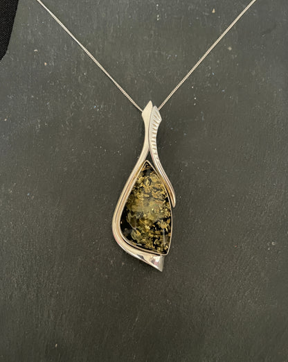 Green Amber and Silver Pendant image 0