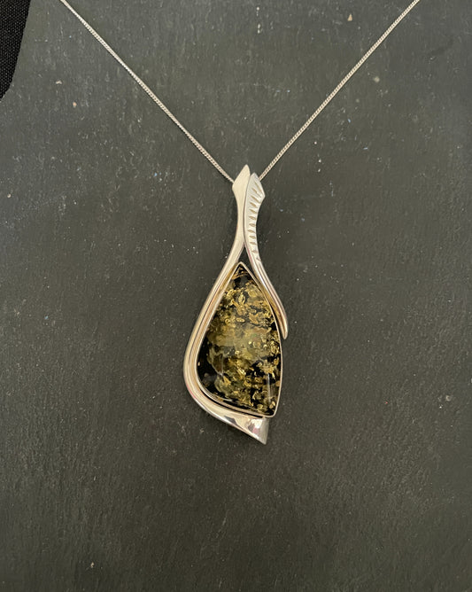 Green Amber and Silver Pendant image 0