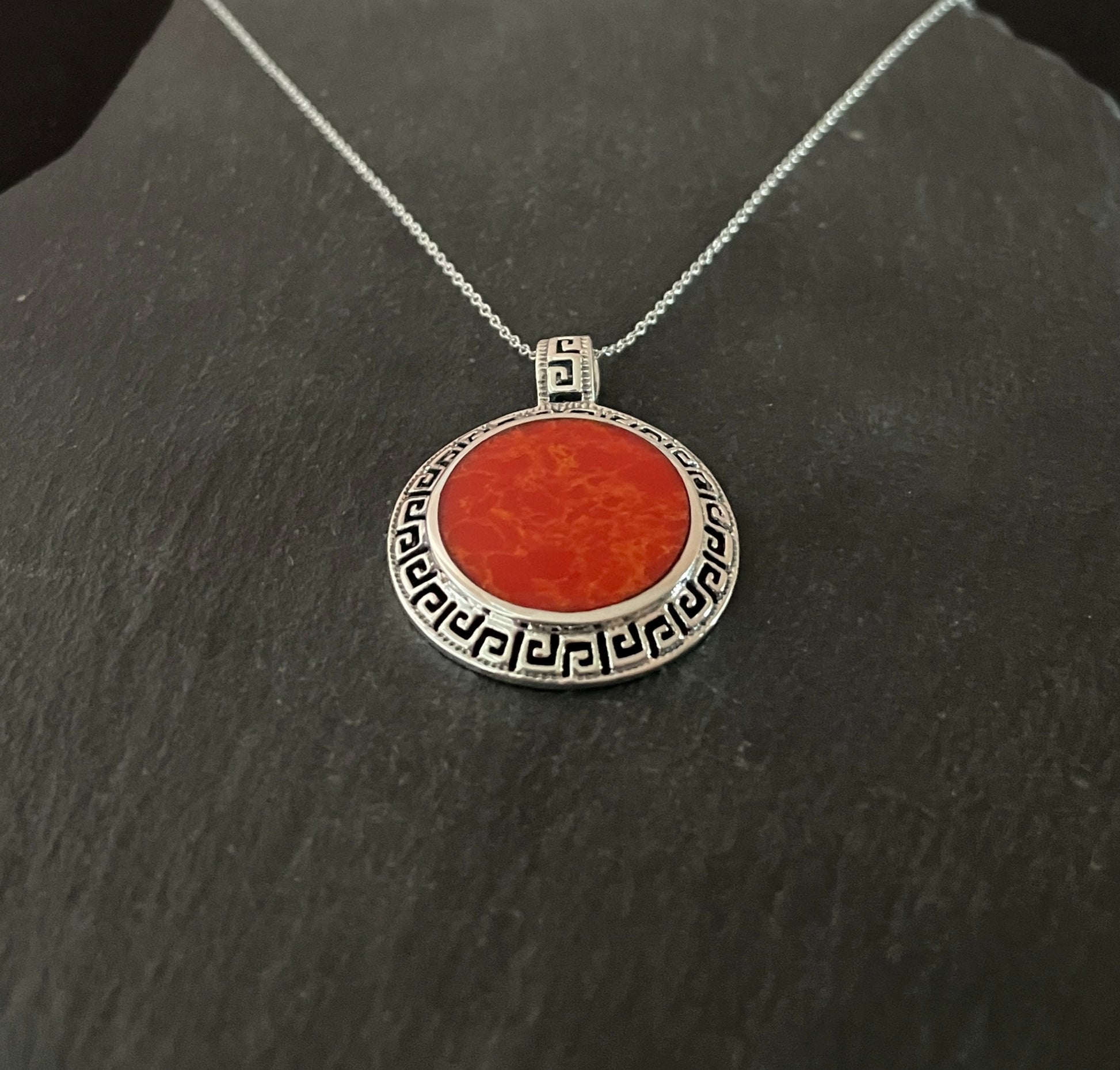 Round Coral and Silver Pendant image 1