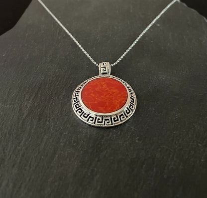 Round Coral and Silver Pendant image 1