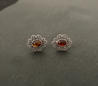 Amber and Silver Oval Studs image 0