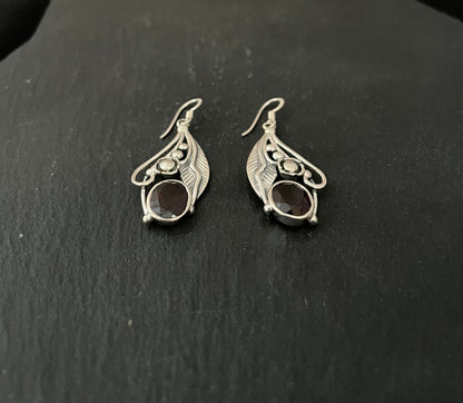 Oval Garnet and Silver Leaf Earrings image 1