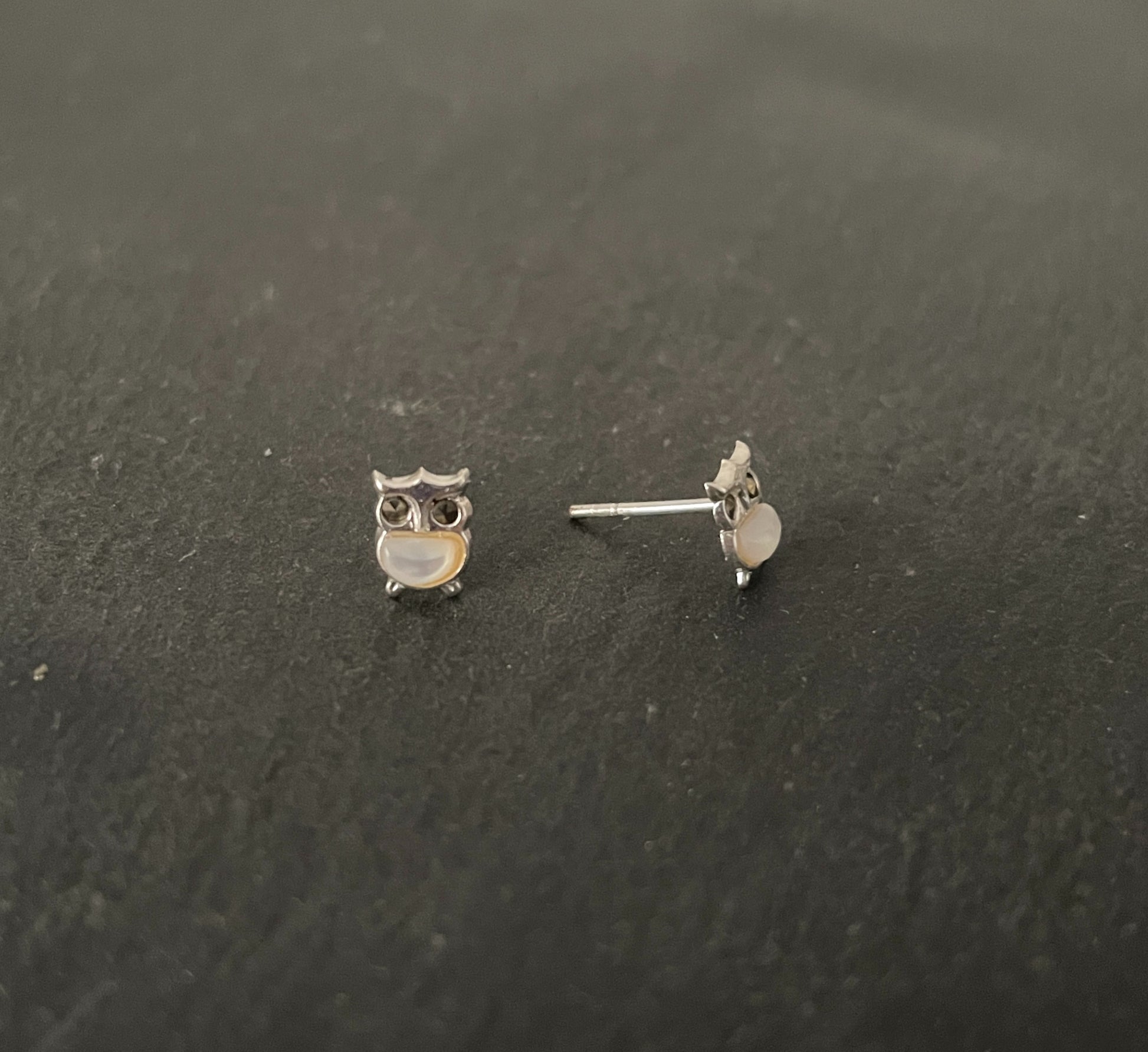 Mother of Pearl and Marcasite Owl Stud Earrings image 1