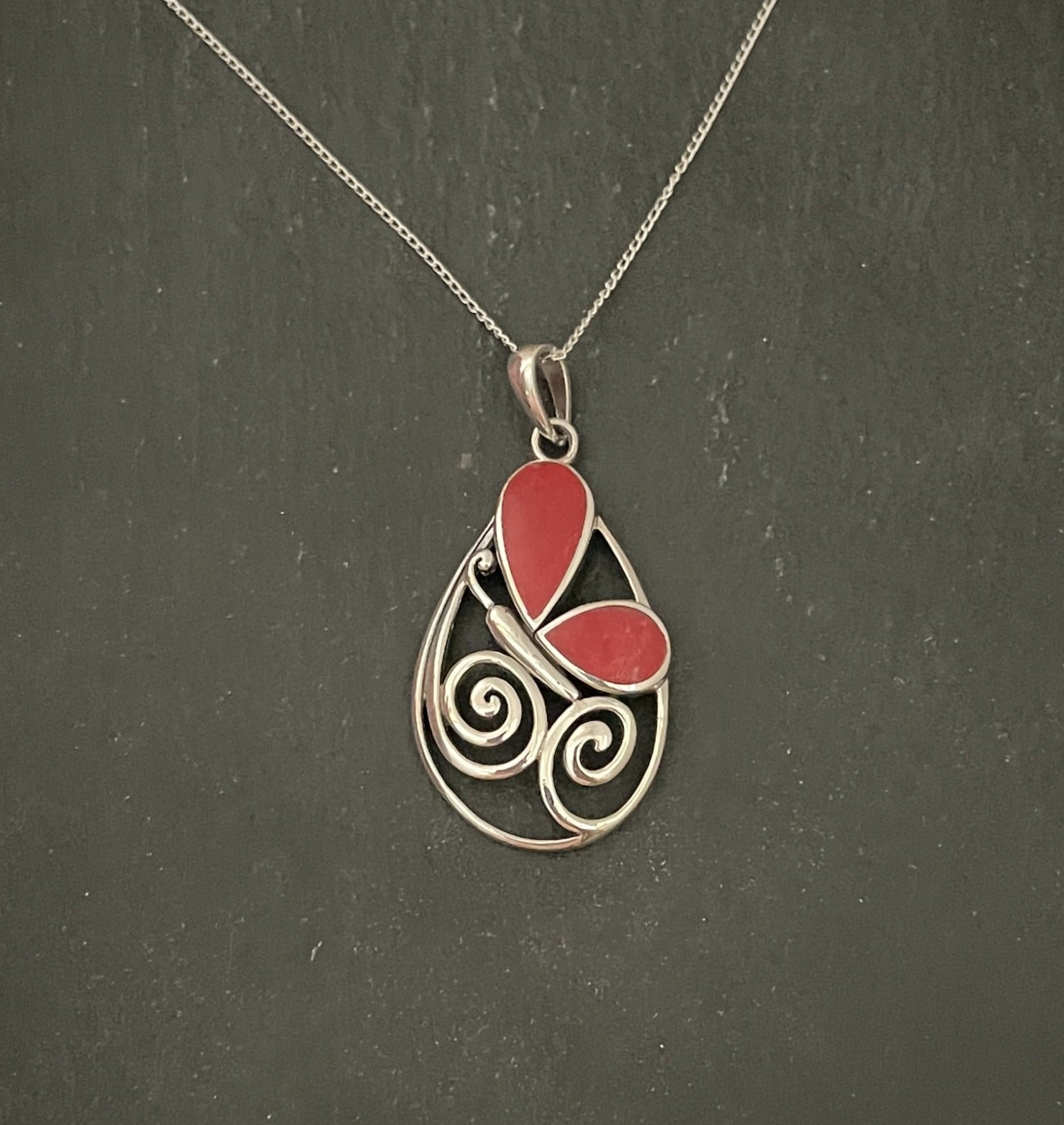 Coral and Silver Butterfly Pendant image 0