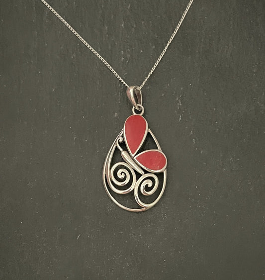Coral and Silver Butterfly Pendant image 0
