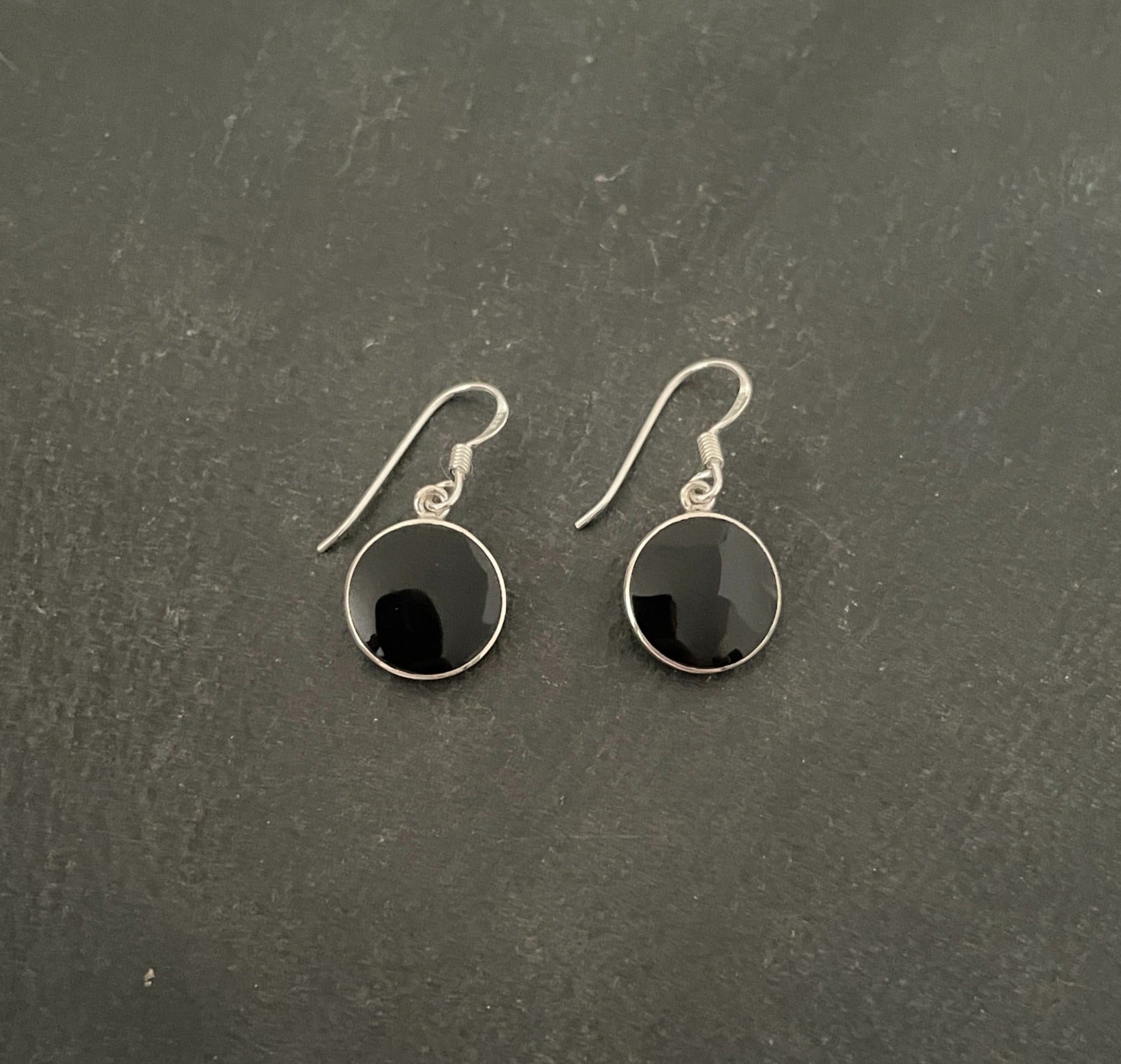 Round Black Onyx and Silver Earrings image 0