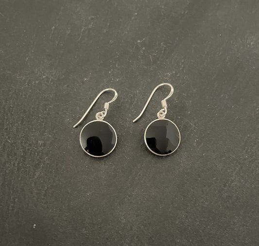 Round Black Onyx and Silver Earrings image 0