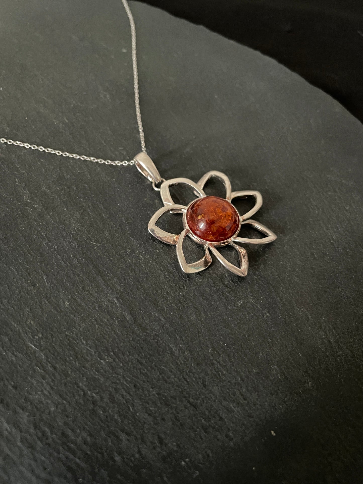 Amber and Silver Flower Pendant image 1