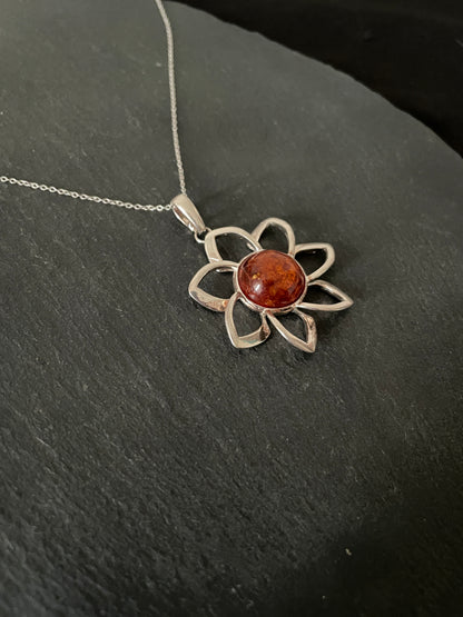Amber and Silver Flower Pendant image 1