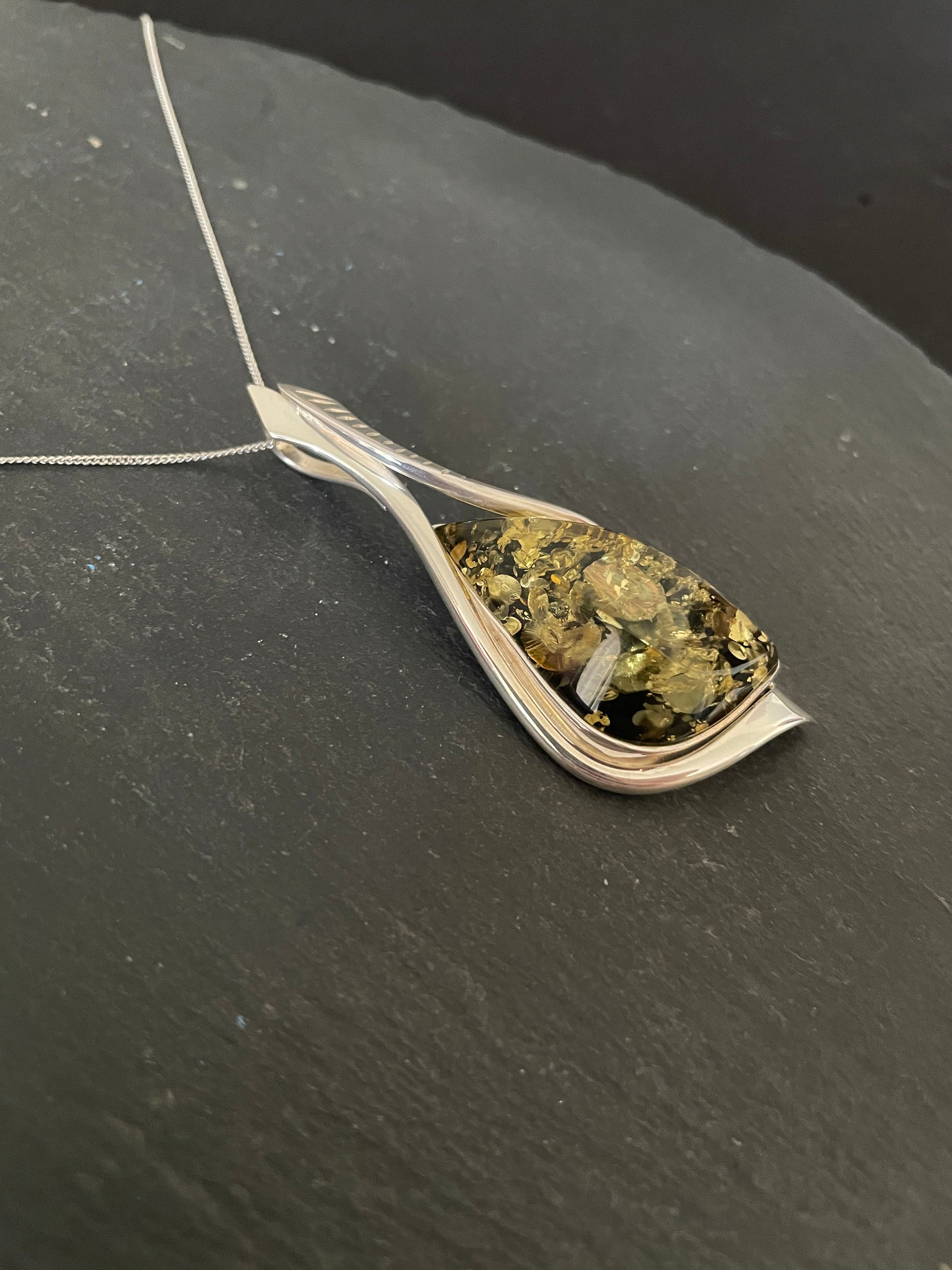 Green Amber and Silver Pendant image 1
