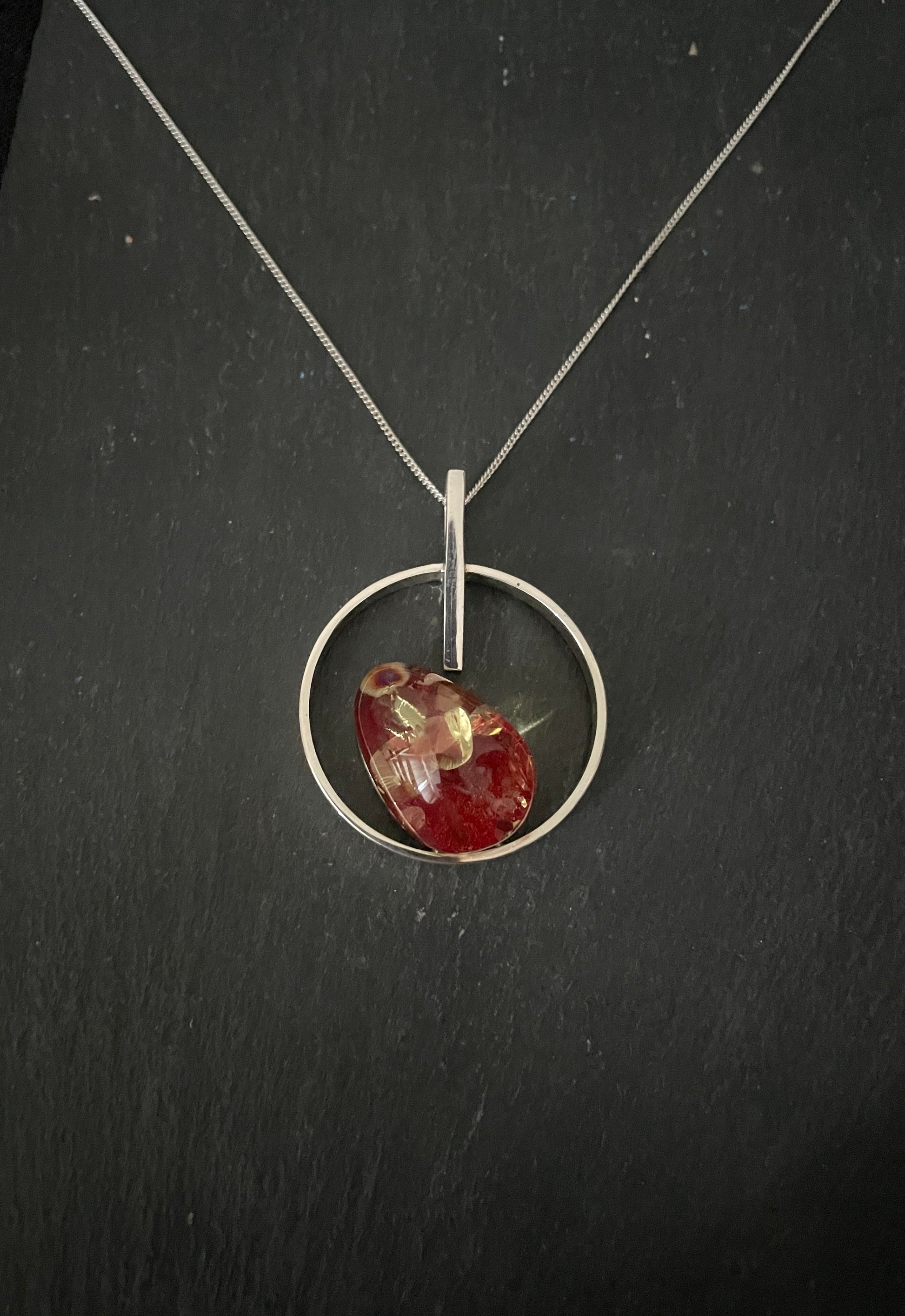 Round Red Amber and Silver Pendant image 0