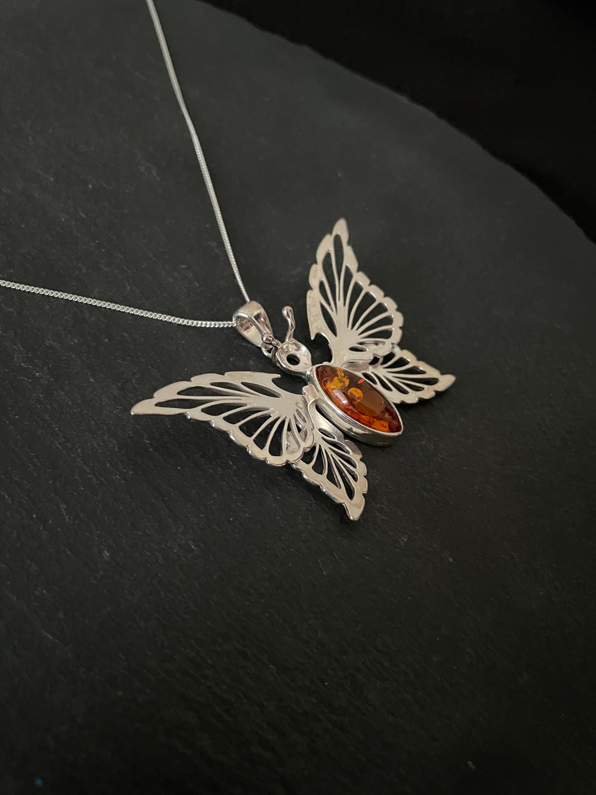 Large Amber and Silver Butterfly Pendant image 2