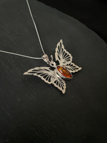 Large Amber and Silver Butterfly Pendant image 2