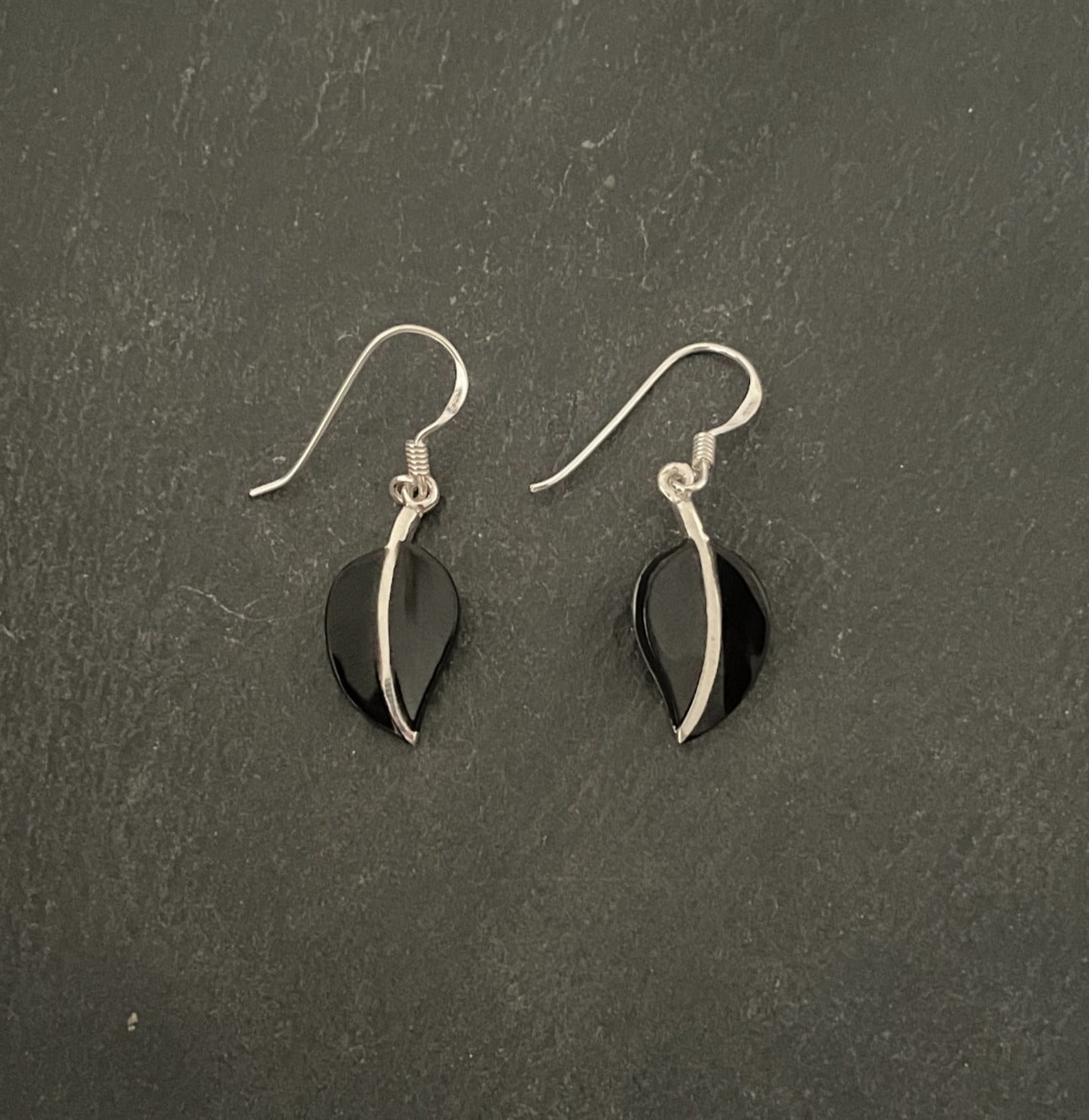 Black Onyx and Silver Leaf Earrings image 0