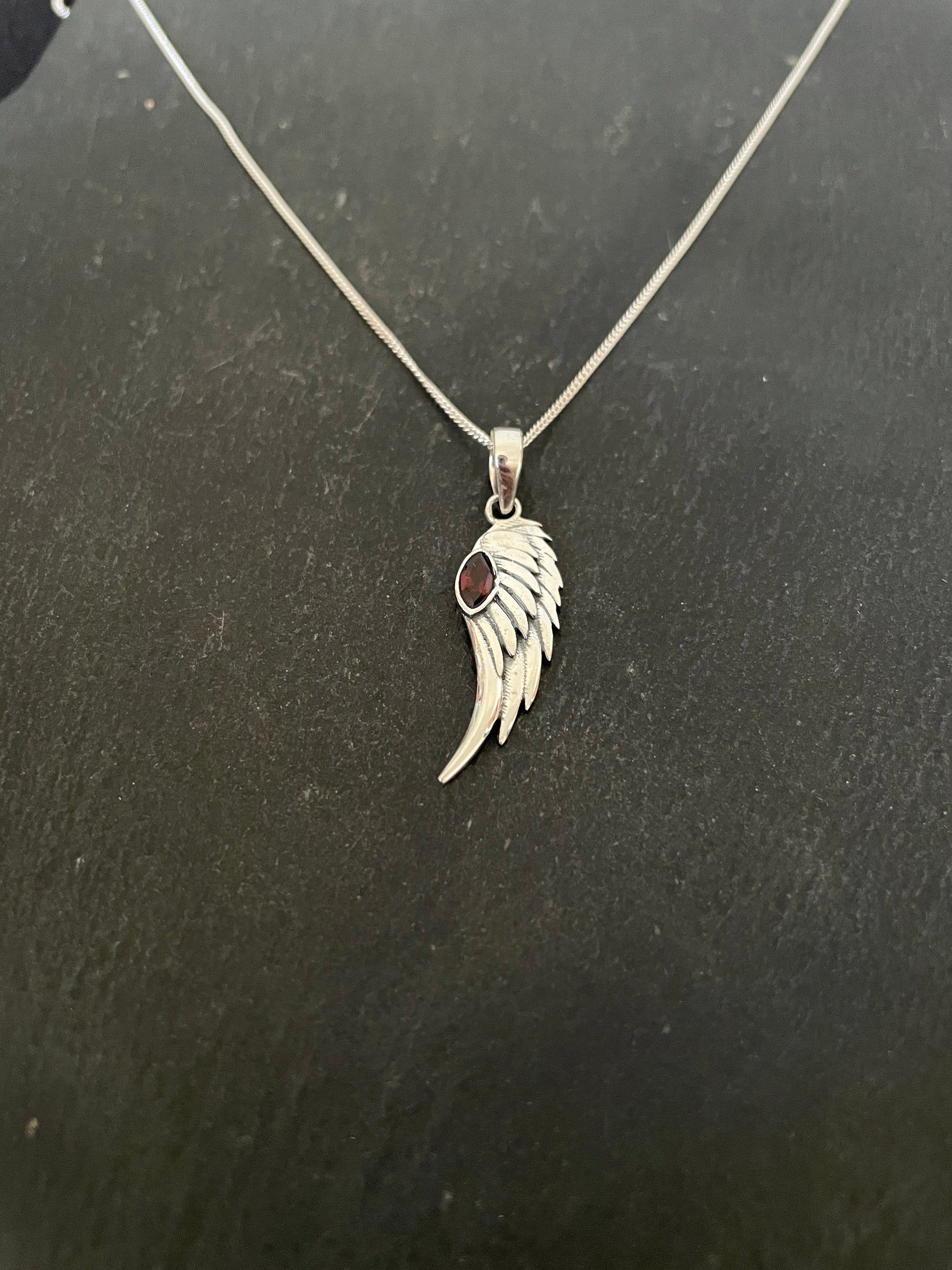 Garnet and Silver Angel Wing Pendant image 1