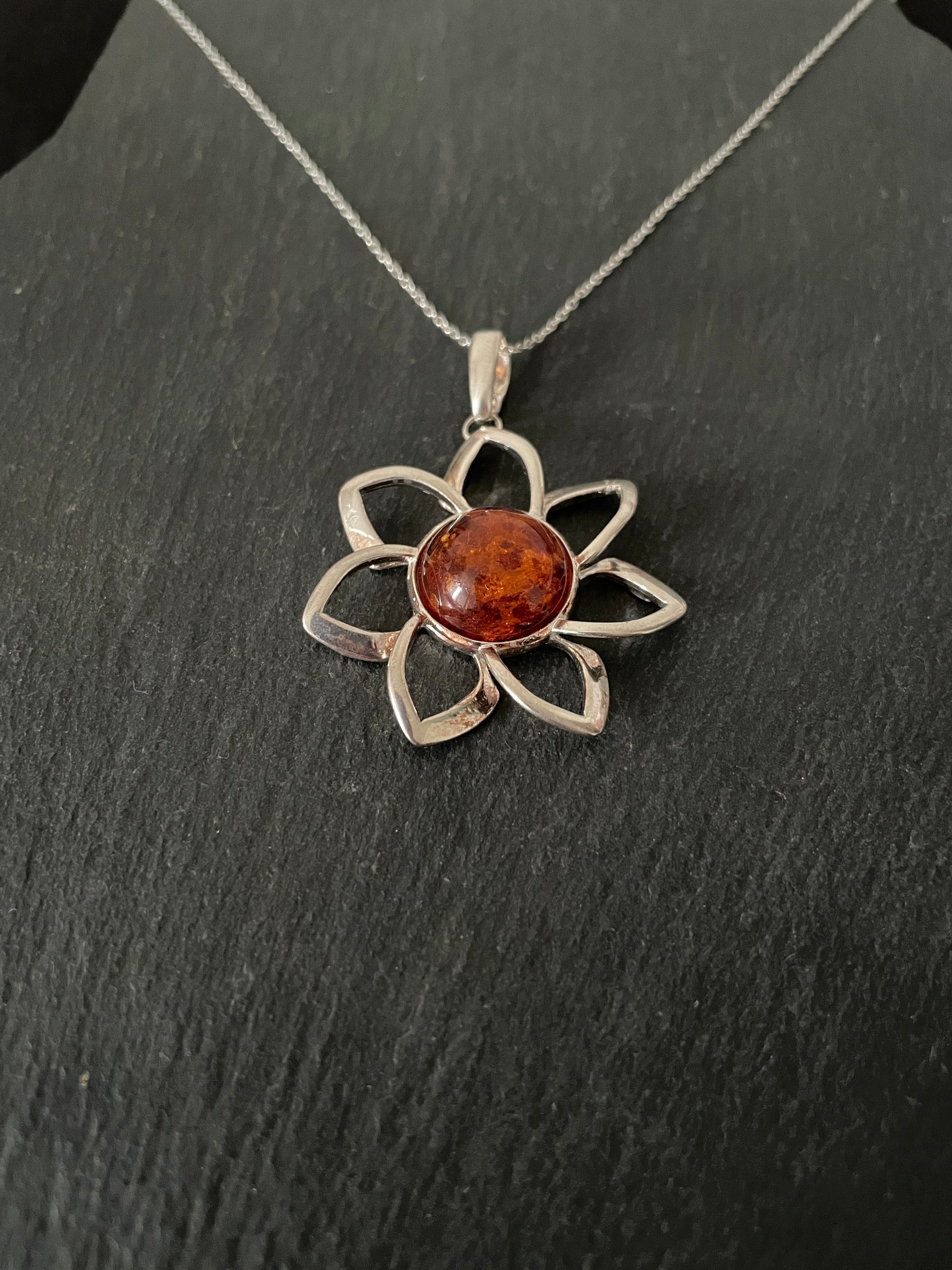 Amber and Silver Flower Pendant image 2