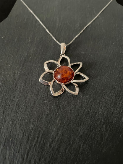 Amber and Silver Flower Pendant image 2
