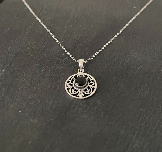 Black Onyx and Silver Round Pendant image 1