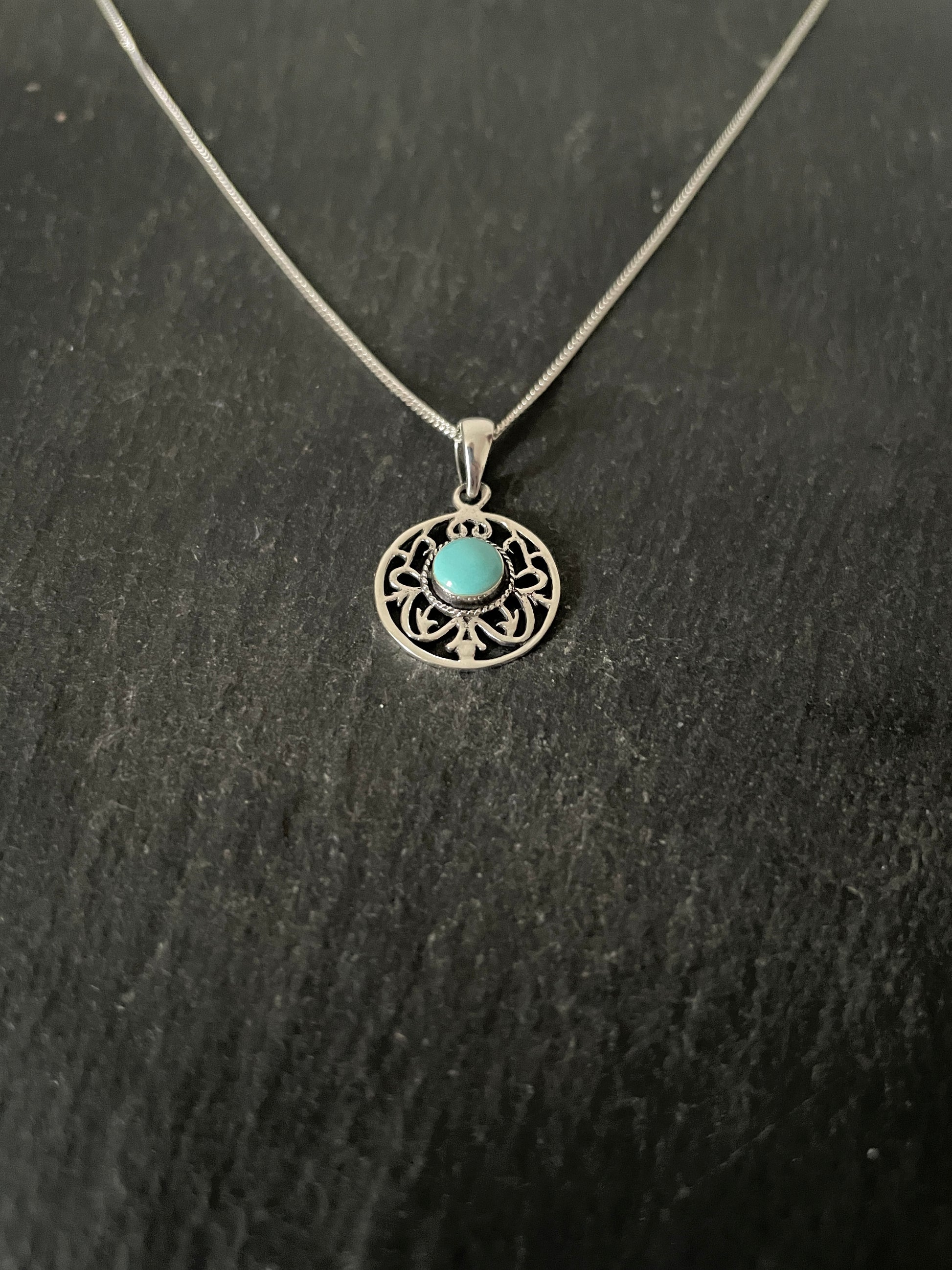 Turquoise and Silver Round Pendant image 1