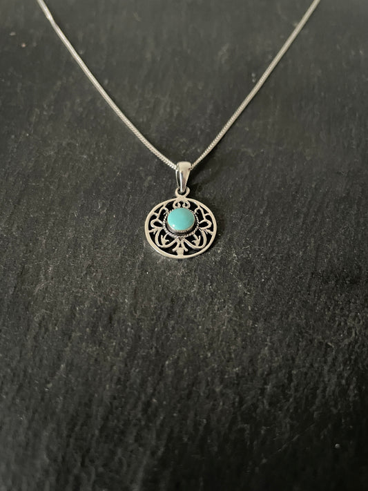 Turquoise and Silver Round Pendant image 1