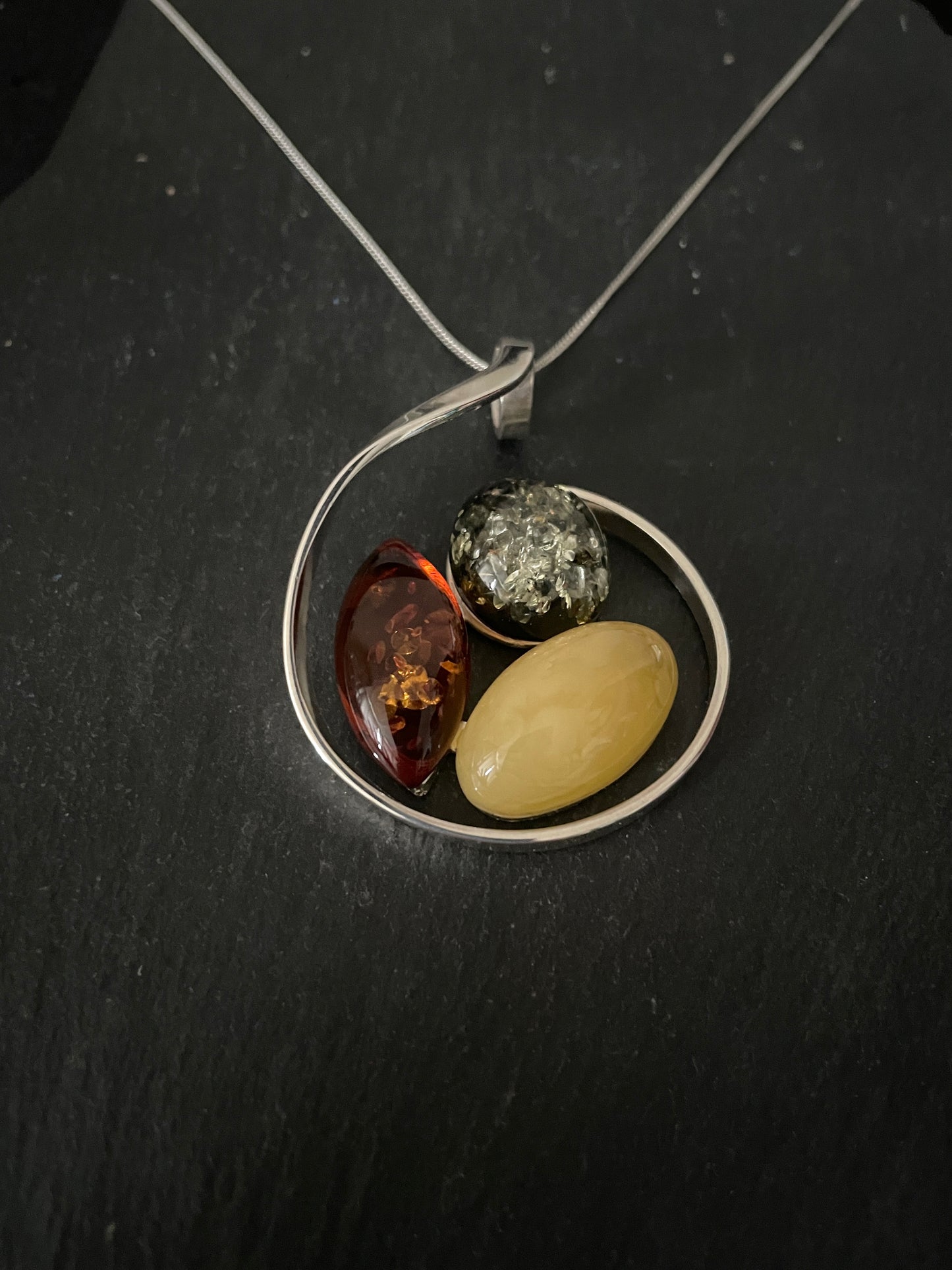 Tri Colour Amber and Handmade Silver Pendant image 1