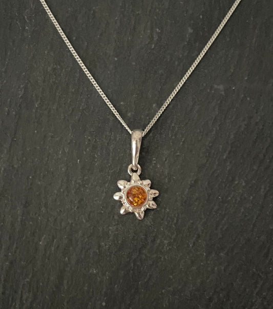Amber and Silver Flower Pendant image 0
