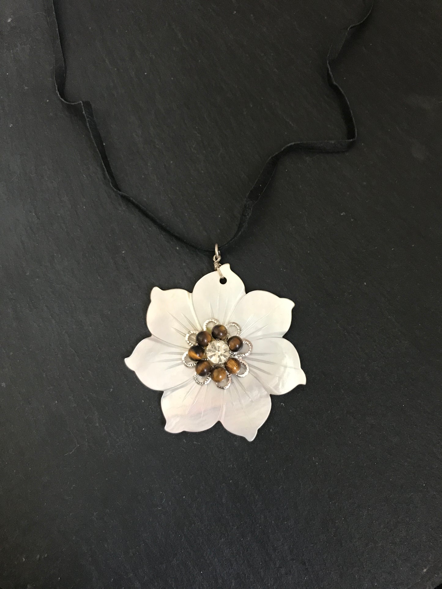 Mother of Pearl and Tiger's Eye Flower Necklace image 0