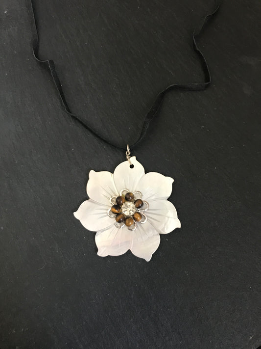 Mother of Pearl and Tiger's Eye Flower Necklace image 0